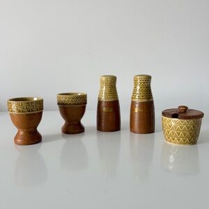 Mid Century Teak and Ceramic Salt & Pepper + Egg Cups & Small Jam Pot Breakfast